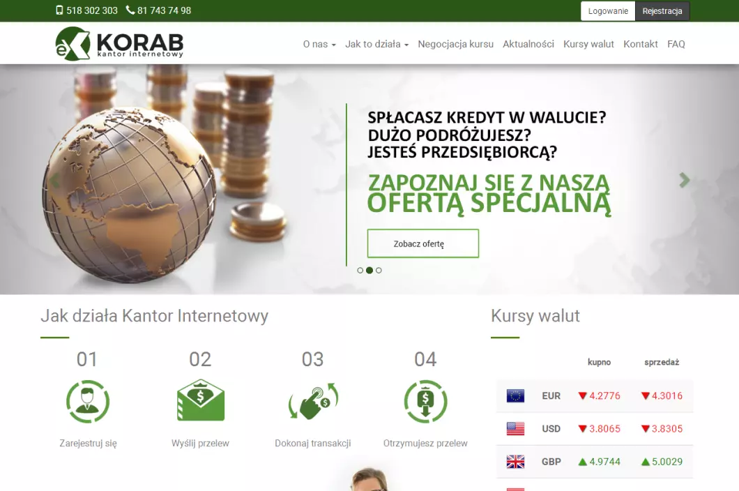 Internetowy kantor wymiany walut eKantorKorab.pl - podgląd